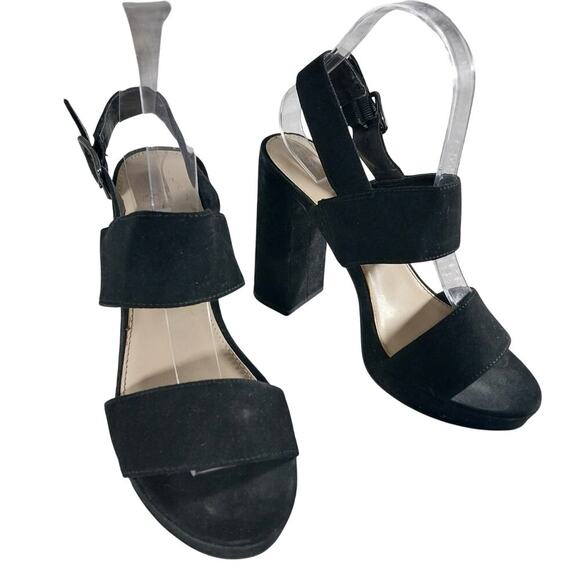 BAR III! BLACK VEGAN SUEDE MICROFIBER CHUNKY HEEL STRAP & BUCKLE SANDALS! SZ 7M - Picture 2 of 11